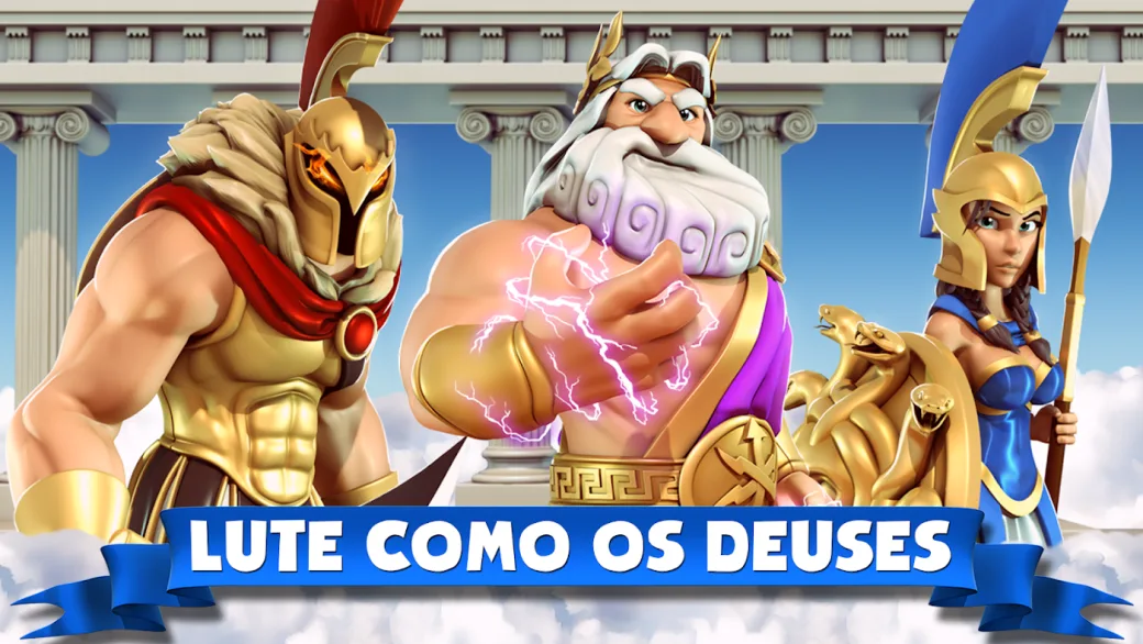 Zeus, Ares e Atena em posição de combate no ecrã de apresentação de Gods of Olympus
