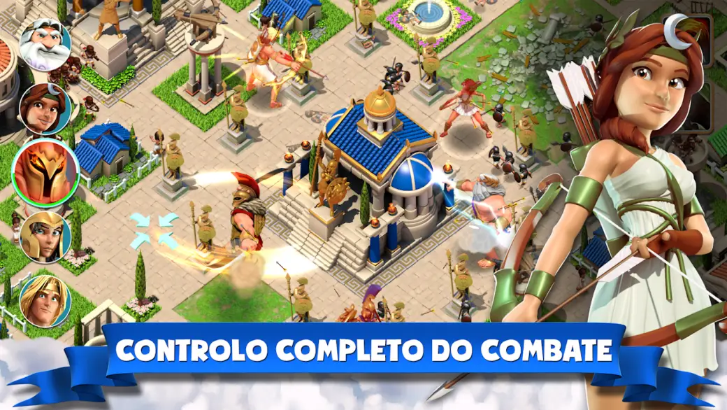 Vista de uma cidade grega construída em Gods of Olympus, com templos, quartéis e unidades a circular