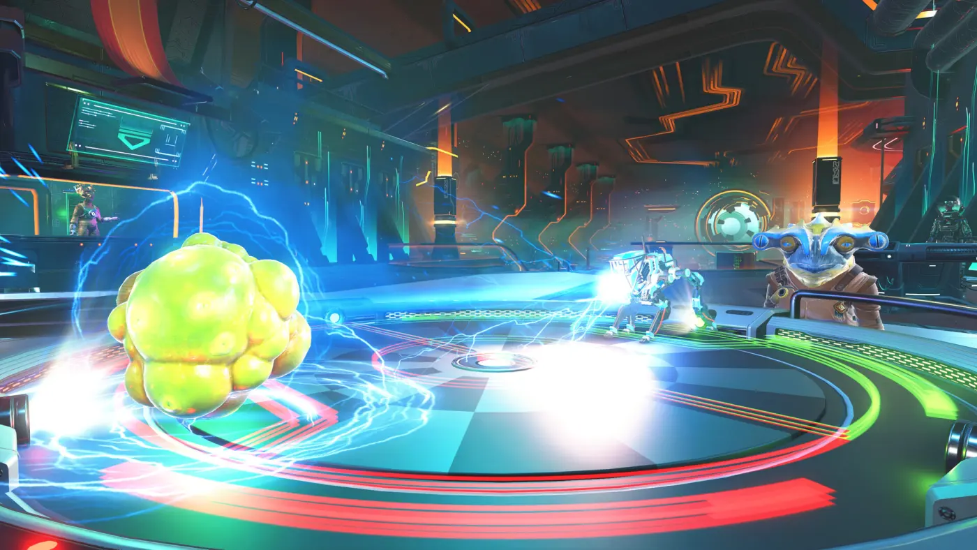 Interior de uma instalação alienígena em No Man's Sky com painéis holográficos e iluminação neon