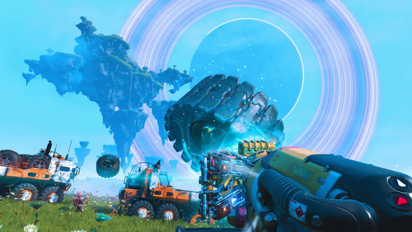 Veículos exocraft de mineração junto a ilhas flutuantes num planeta de No Man's Sky
