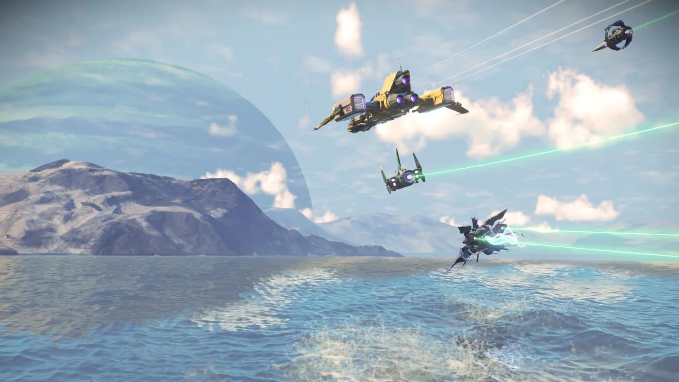 Várias naves de No Man's Sky em voo sobre um oceano, com um planeta ao fundo