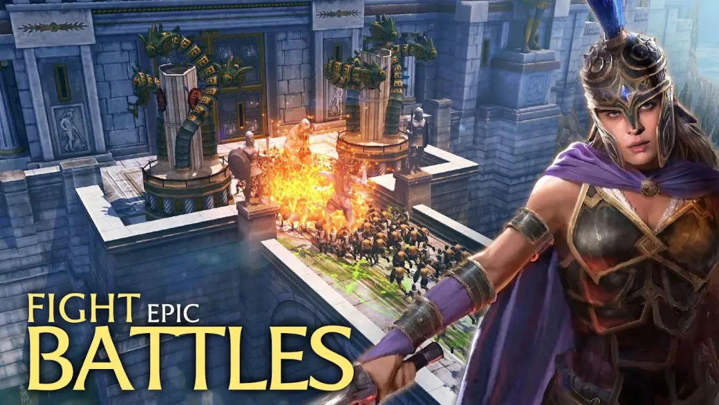 Combate em Olympus Rising junto às escadarias de um templo em chamas